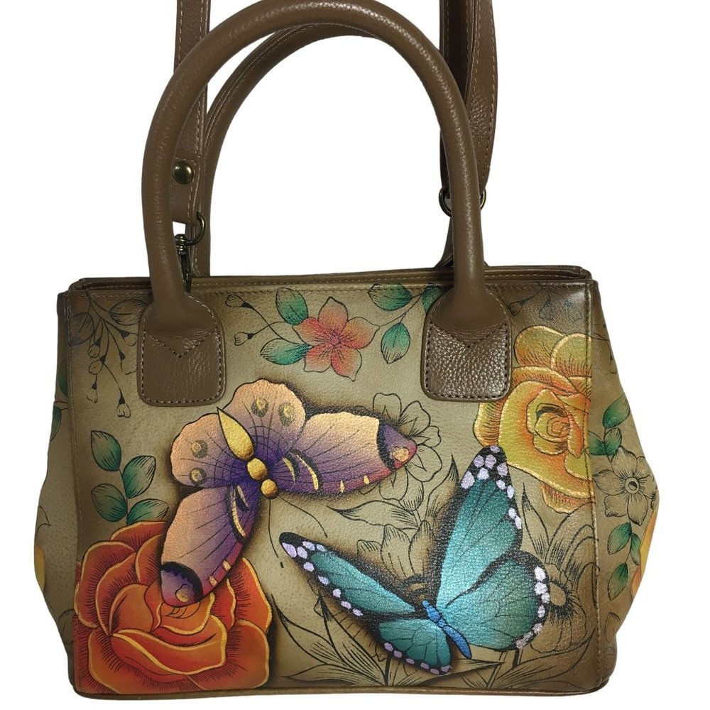 Anuschka NEVER USED Handpaint Leather Satchel Crossbody Bag Butterfly